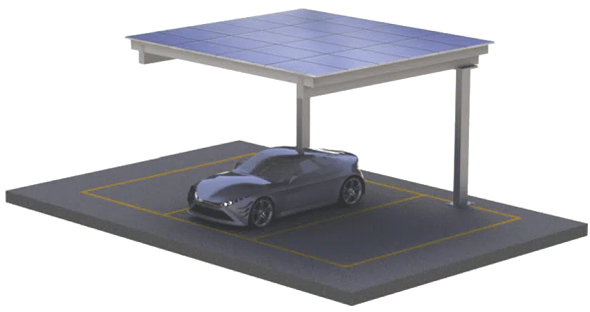 Commercial solar carport system installed above parking space with EV vehicle underneath