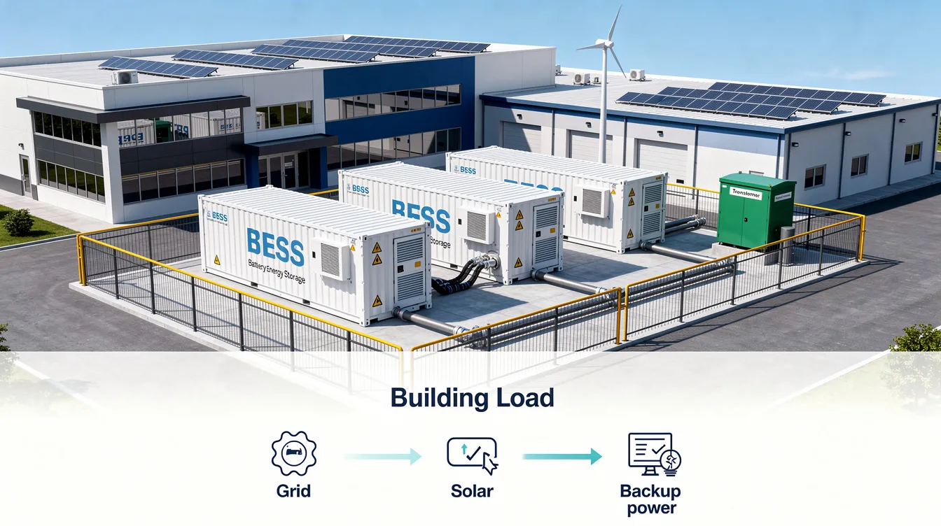The image depicts a comprehensive guide on Battery Energy Storage Systems (BESS) for commercial applications, highlighting various components such as battery modules, energy management systems, and renewable energy sources like solar panels. It emphasizes the benefits of energy storage systems in enhancing grid stability, reducing greenhouse gas emissions, and providing backup power during peak demand periods.