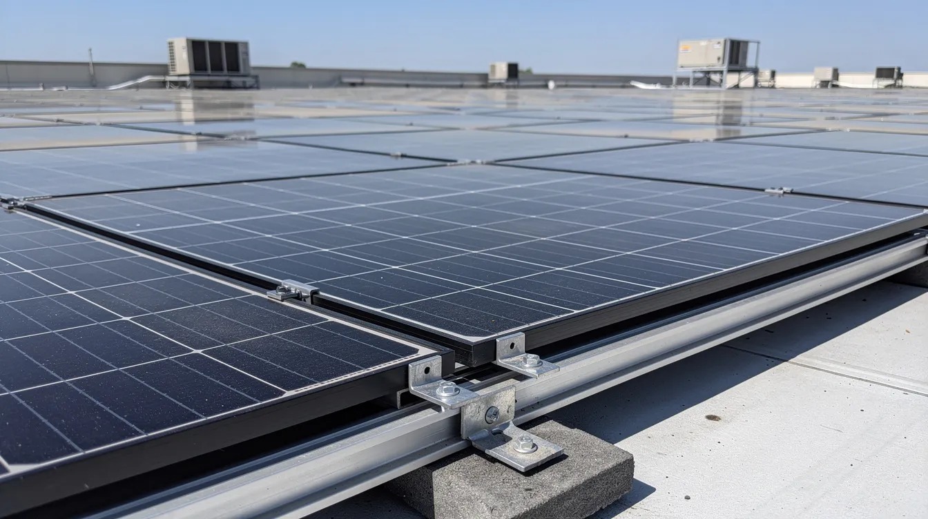 A close-up view of high-efficiency solar panels installed on a flat commercial rooftop, showcasing the mounting rails that secure them in place. This solar panel installation highlights the commitment to renewable energy and sustainability for energy-efficient buildings.