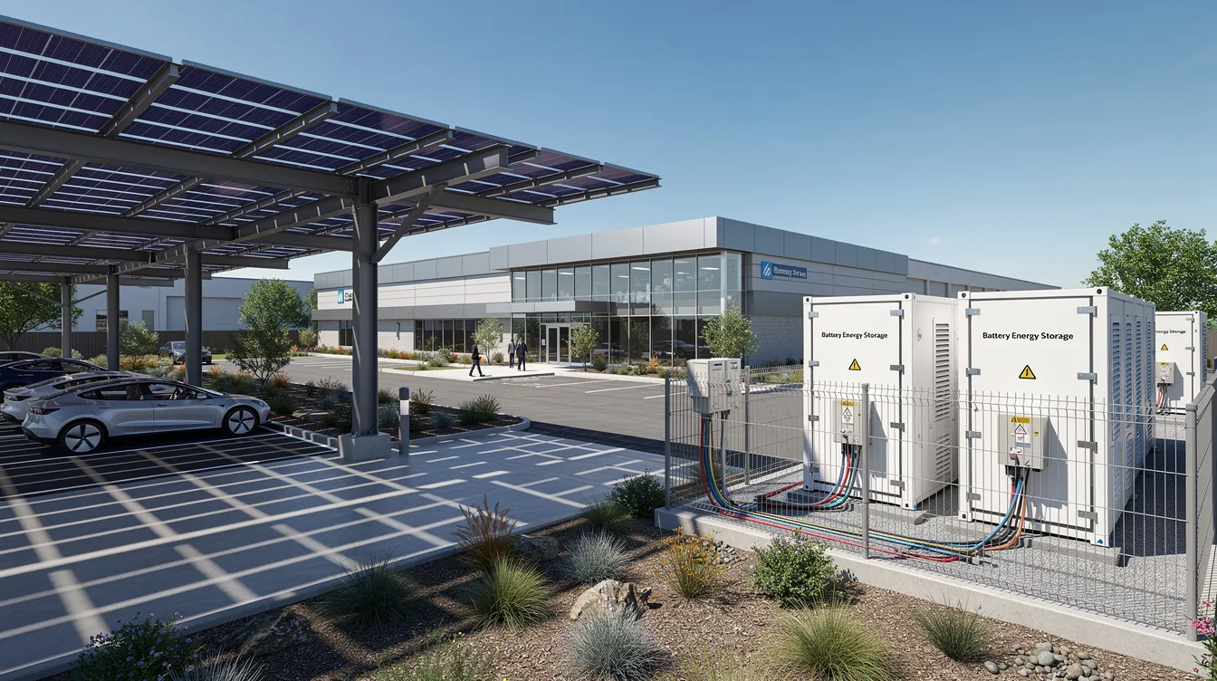 Commercial battery energy storage system (BESS) installed beside a solar carport at a business facility for backup power and energy management.