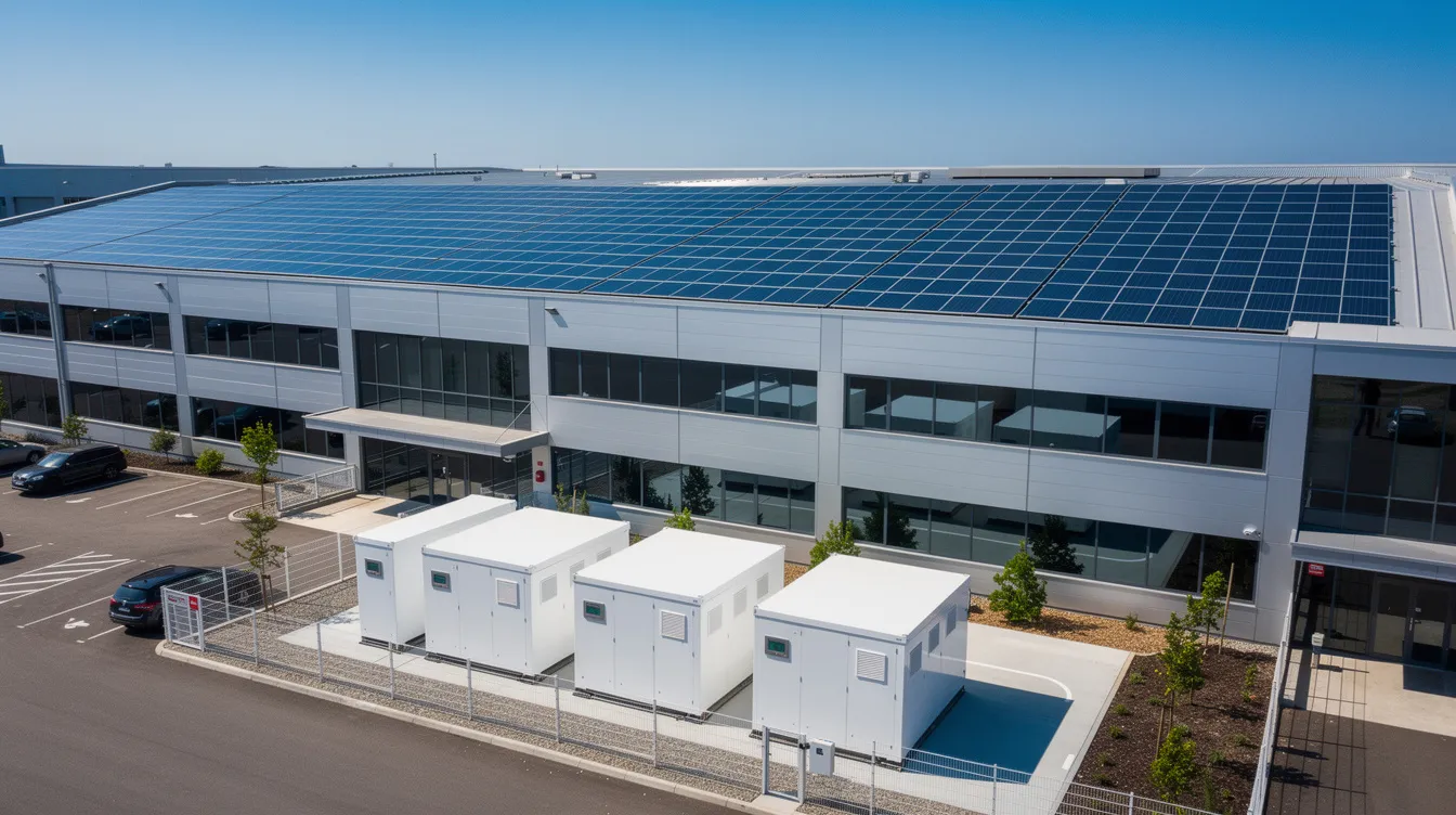 Commercial building with rooftop solar panels and battery energy storage system (BESS) units installed for backup power and energy cost savings.