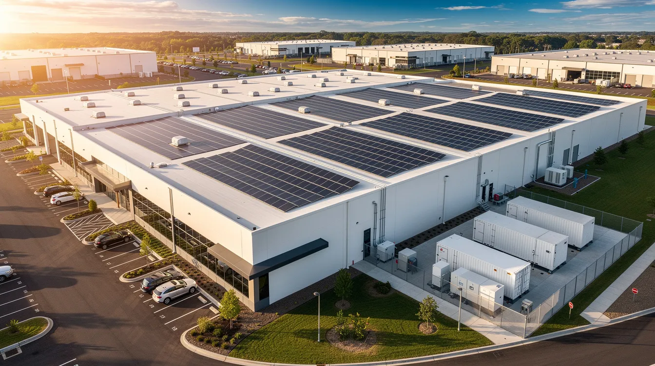 Commercial microgrid system with rooftop solar panels and battery energy storage for industrial facility
