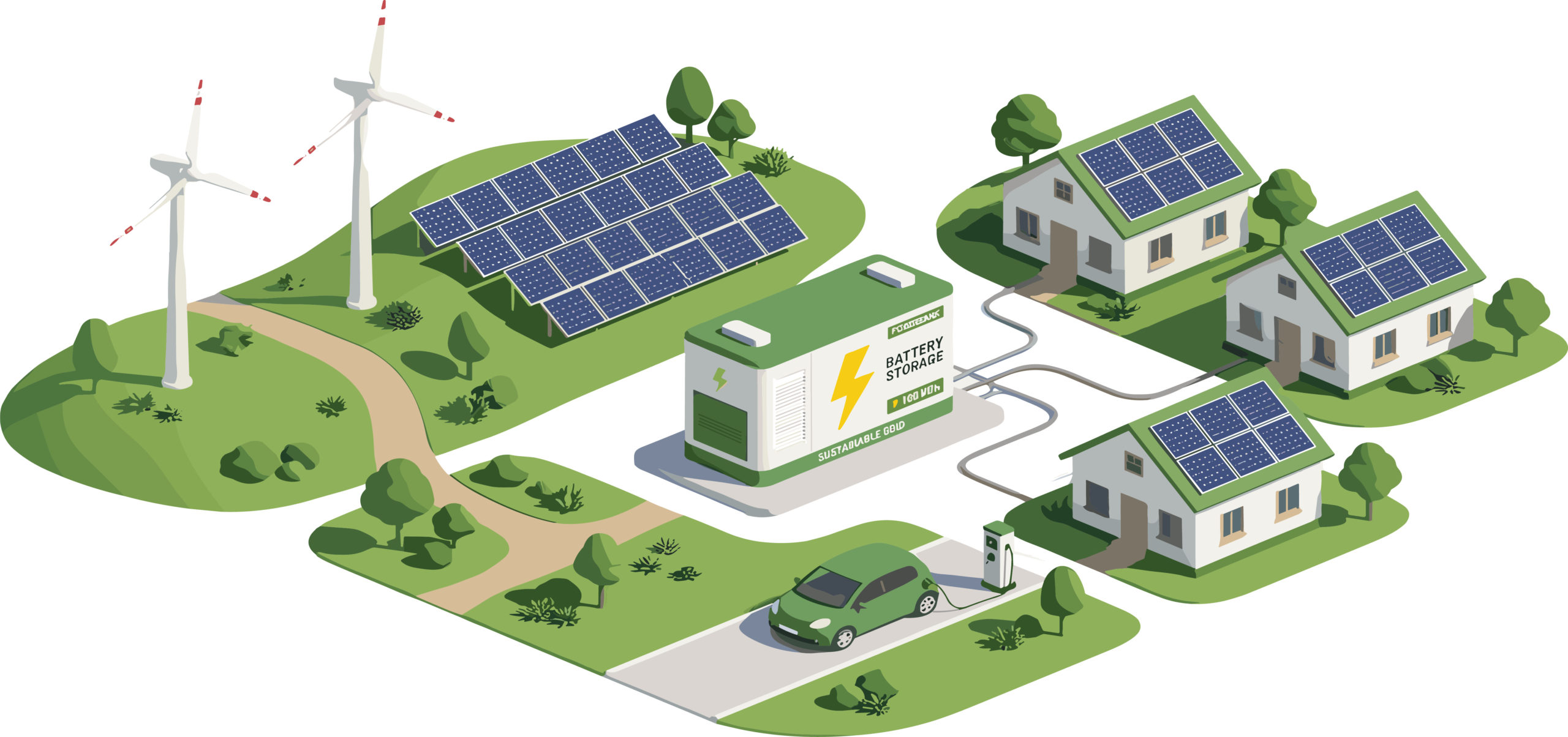 Renewable energy microgrid illustration with solar panels, wind turbines, EV charging, and battery storage