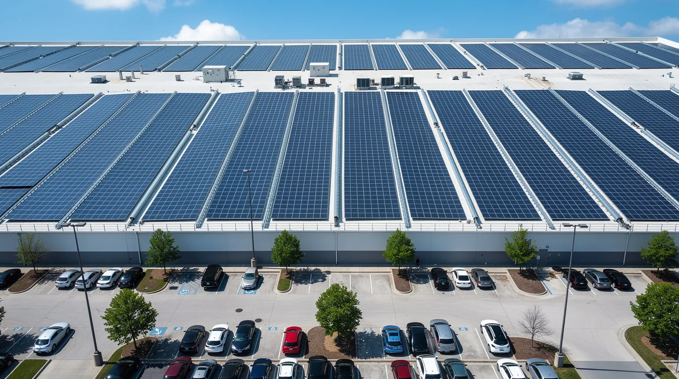A large commercial rooftop is fully covered with solar panels, gleaming under the bright sun, while a parking lot is visible below, showcasing the solar installation's potential to produce clean energy and reduce electricity costs for the business. This efficient solar system highlights the growing trend of solar power in urban environments.