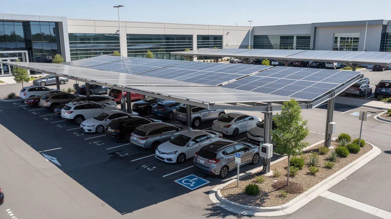 The image shows a solar carport structure installed over a commercial parking lot, providing shade for parked cars underneath while utilizing solar panels to harness clean energy. This solar installation not only protects vehicles but also contributes to reducing energy costs and promoting sustainable power solutions for businesses.