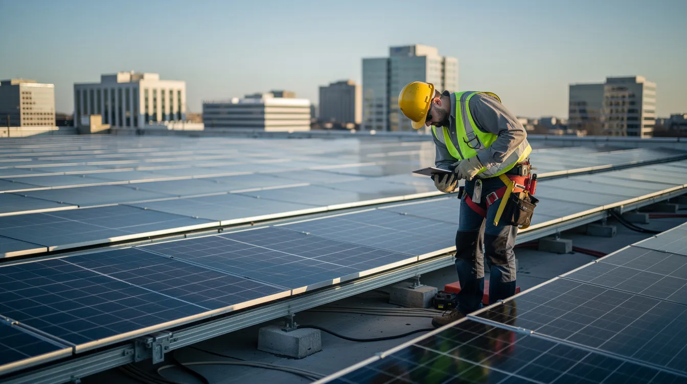 A technician in safety gear is inspecting commercial solar panels on a flat rooftop, ensuring the solar installation is functioning efficiently to produce clean energy. The professional is focused on maintaining the solar equipment and optimizing the system's performance for the business.
